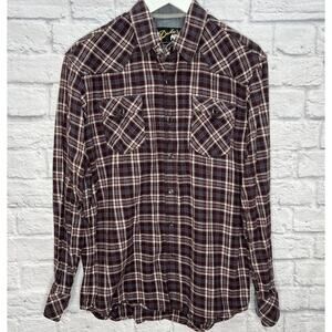 Duke's Mens Pearl Snap Button Plaid Flannel Shirt Size L Maroon Pockets Western